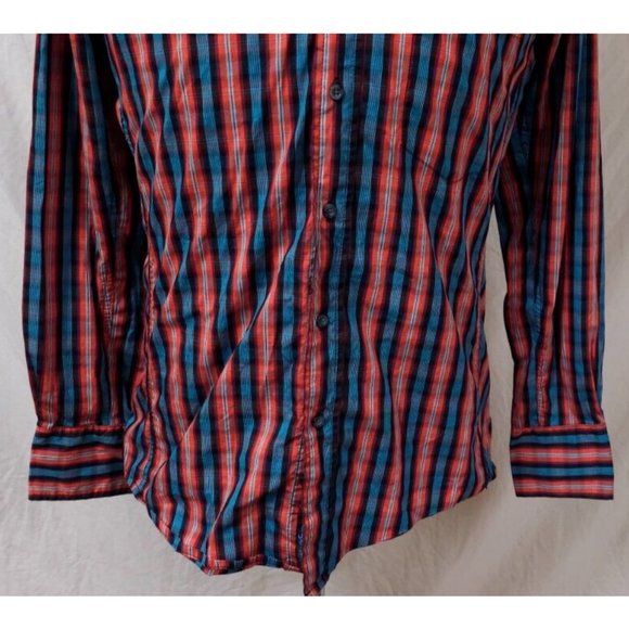 Wrangler Performance Mens Medium Red blue Stripe Long Sleeve Button Logo Shirt - Picture 4 of 11